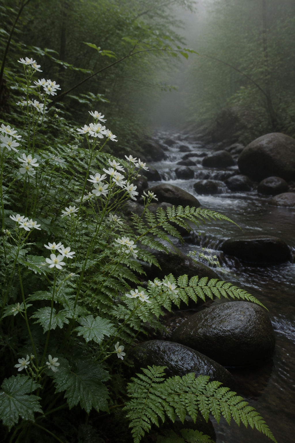 Wild white flowers and ferns by a woodland stream
